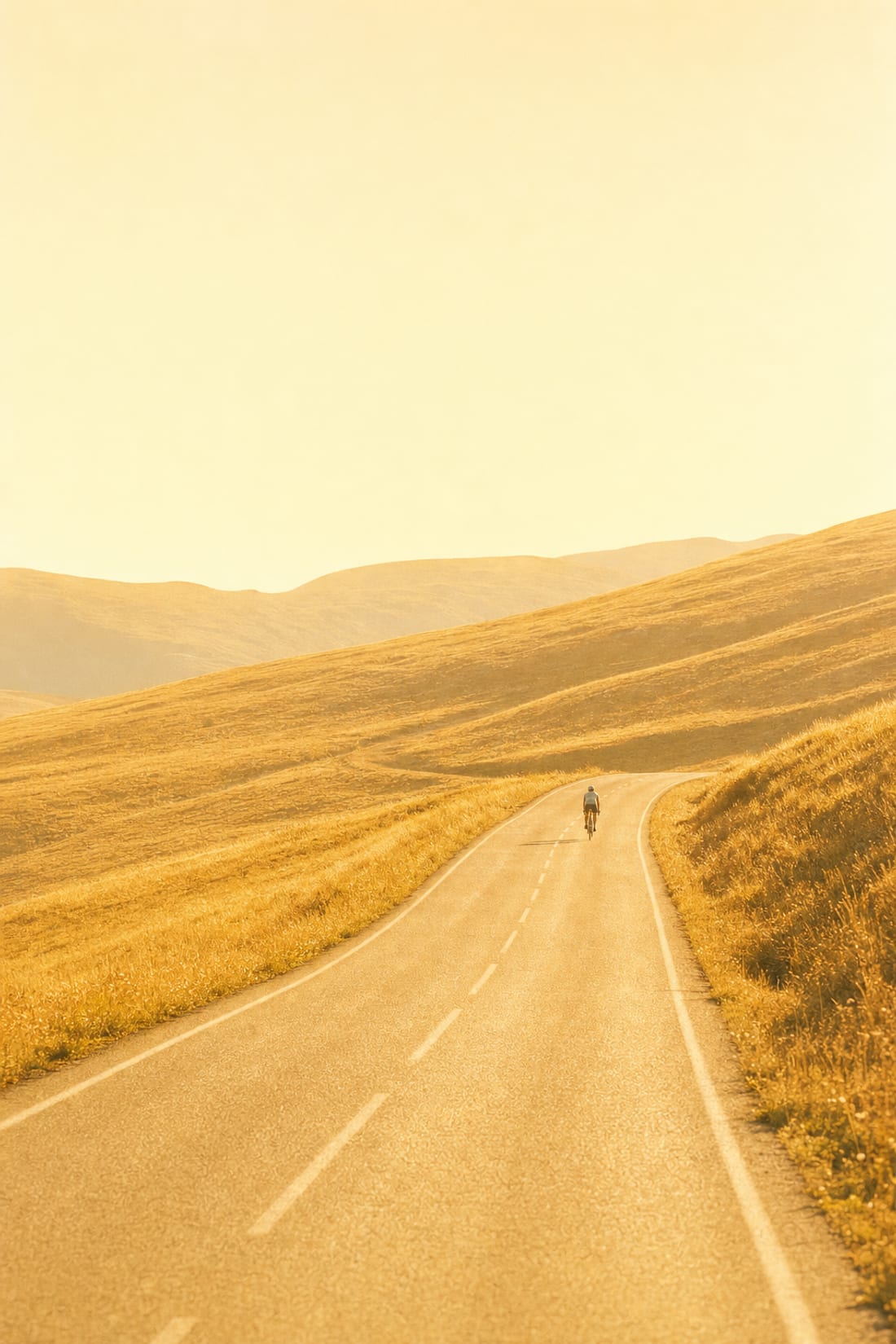 A cyclist alone on an open mountain pass road in full golden-hour sun, the hillsides lit and the road bright ahead of them.