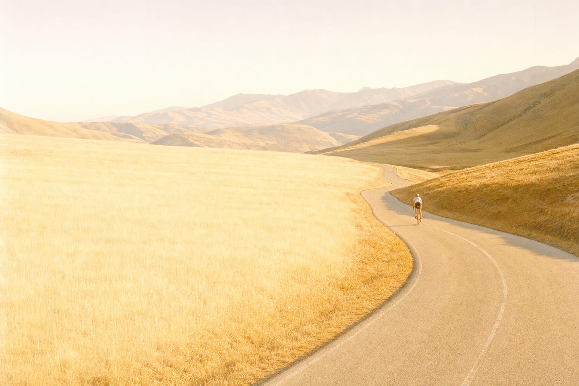A cyclist alone on an open mountain pass road in full golden-hour sun, the hillsides lit and the road bright ahead of them.